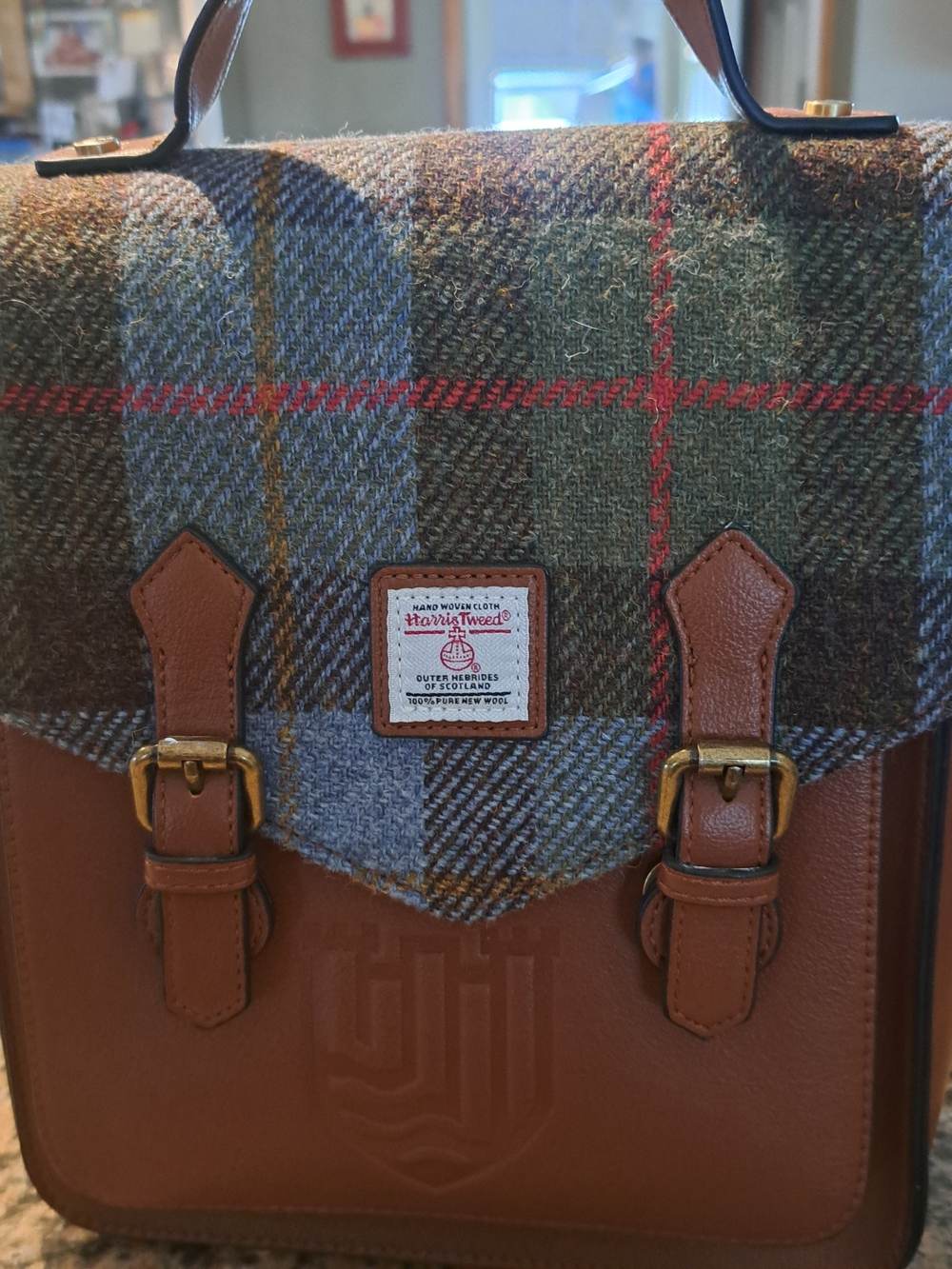 Harris Tweed Brown Leather & Green Plaid Backpack